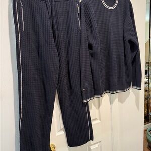 Black & White Trim 100% Cotton Knit Sweater and Pants Set